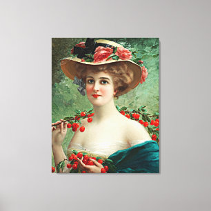 Vintage Beautiful Lady, Flowered Hat & Cherries Canvas Print