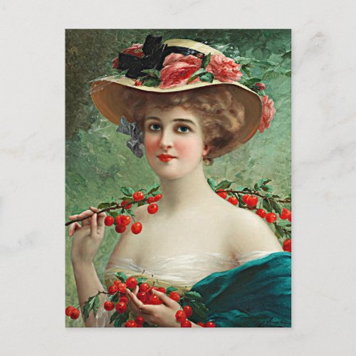 Vintage Beautiful Lady Flowered Hat  Cherries Postcard