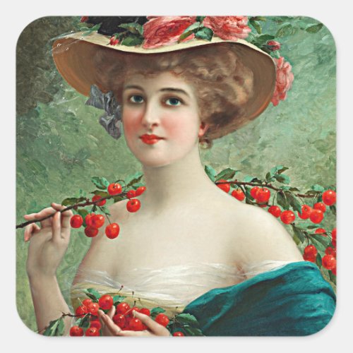 Vintage Beautiful Lady Flowered Hat  Cherries Square Sticker