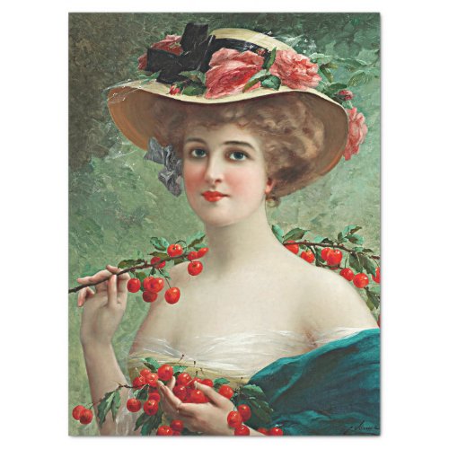 Vintage Beautiful Lady Flowered Hat  Cherries Tissue Paper