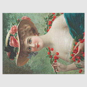 Vintage Beautiful Lady Flowered Hat & Cherries Tissue Paper