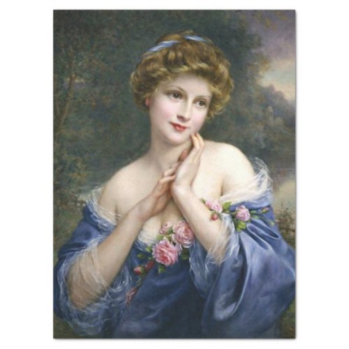 Vintage Beautiful Lady In Blue Decoupage Tissue Paper