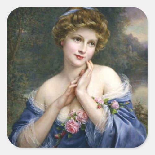 Vintage Beautiful Lady In Blue   Square Sticker
