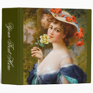 Vintage Beautiful Lady In Blue, Yellow Rose Flower 3 Ring Binder