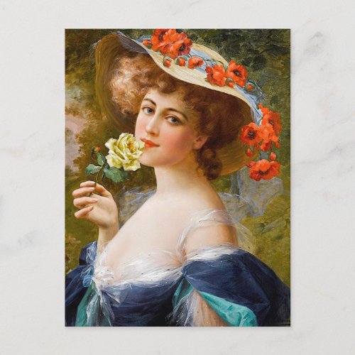 Vintage Beautiful Lady In Blue Yellow Rose Flower Postcard