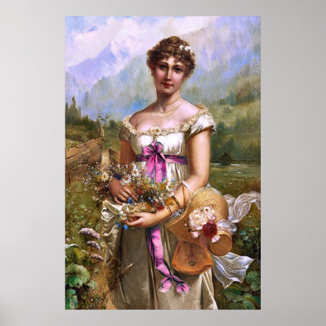 Vintage Beautiful Lady Pink Ribbon White Flowers Poster (Front)