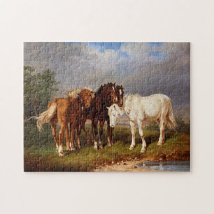 Vintage Beautiful White Brown Black Horses  Jigsaw Puzzle