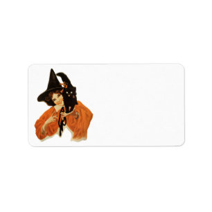 Vintage Beautiful Witch with Black Cat On Shoulder Label