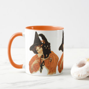 Vintage Beautiful Witch with Black Cat On Shoulder Mug