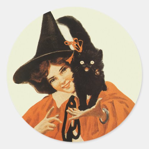 Vintage Beautiful Witch with Cute Black Cat Classic Round Sticker