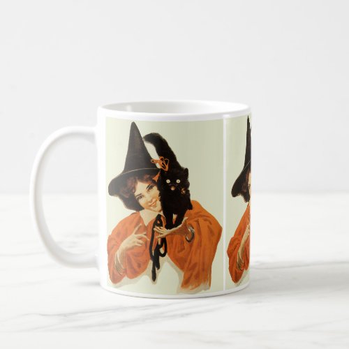 Vintage Beautiful Witch with Cute Black Cat Coffee Mug