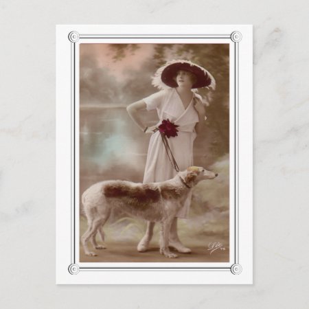 Vintage Beautiful Woman And Dog Postcard