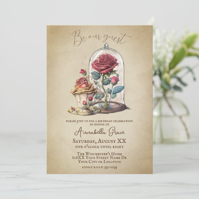 Vintage Beauty and the Beast Fairytale Magic Rose Invitation (Standing Front)
