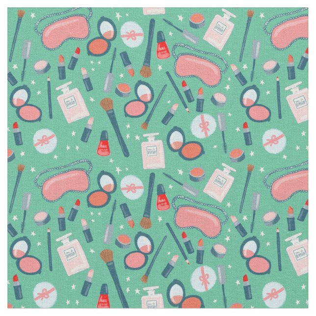 Vintage Beauty Makeup Cosmetics Pattern Fabric (Close Up)