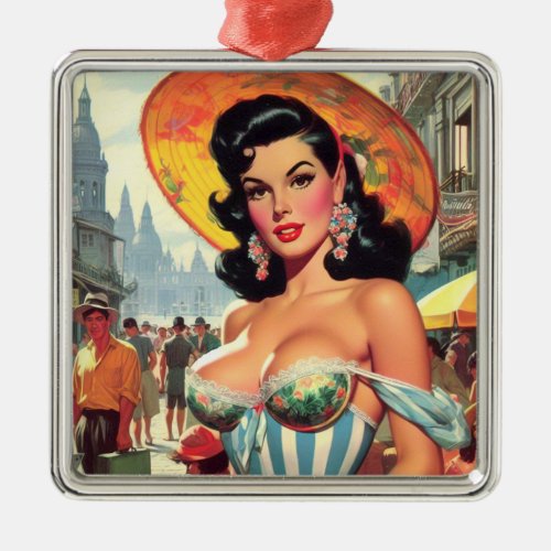 Vintage Beauty Pin_up Painting Metal Ornament