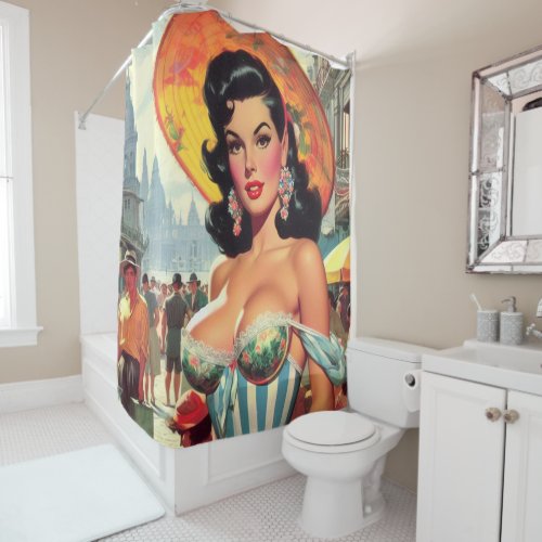 Vintage Beauty Pin_up Painting Shower Curtain