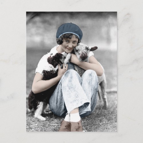 Vintage Beauty With Animals Postcard