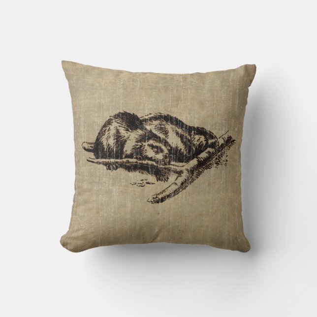 Vintage Beaver Throw Pillow (Front)