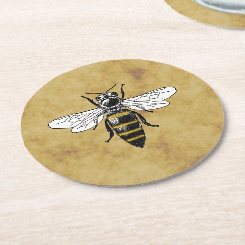 Vintage Bee 2 Distressed Antique Background Round Paper Coaster