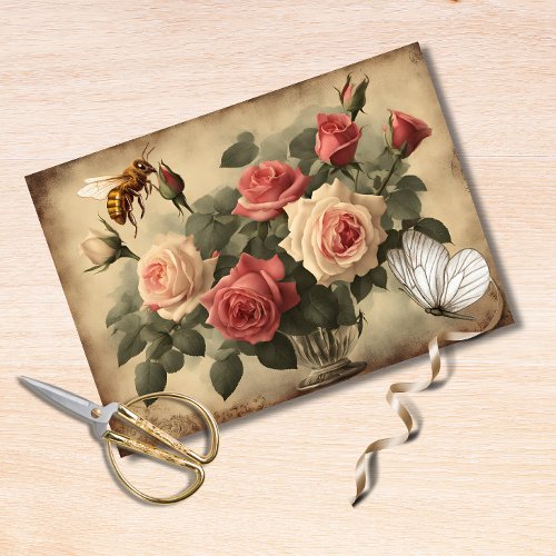 Vintage Bee and Butterfly  With Pink Roses  Tissue Paper