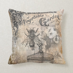 Vintage Bee and flower garden Throw Pillow