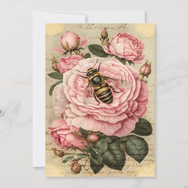 Vintage Bee and Pink Roses Decoupage Holiday Card (Front)