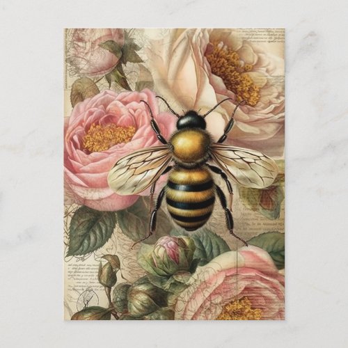 Vintage Bee and Pink Roses Decoupage Postcard