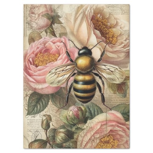 Vintage Bee and Pink Roses Decoupage Tissue Paper