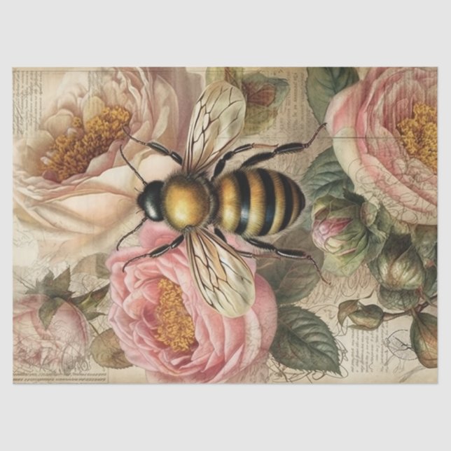 Vintage Bee and Pink Roses Decoupage Tissue Paper (Front)