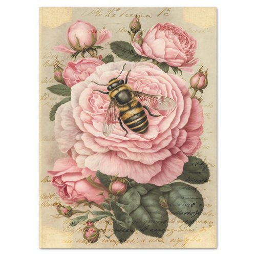 Vintage Bee and Pink Roses Decoupage Tissue Paper