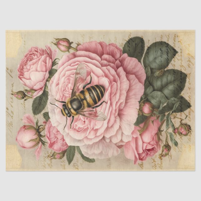 Vintage Bee and Pink Roses Decoupage Tissue Paper (Front)