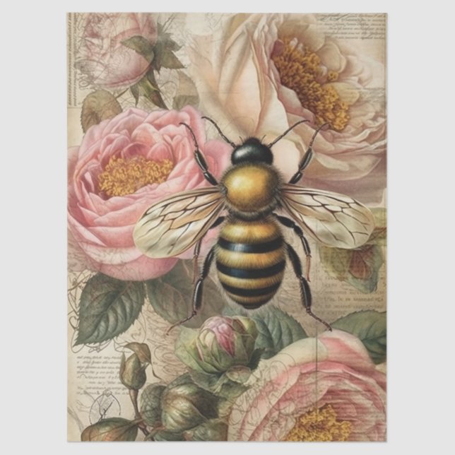 Vintage Bee and Pink Roses Decoupage Tissue Paper (Front)