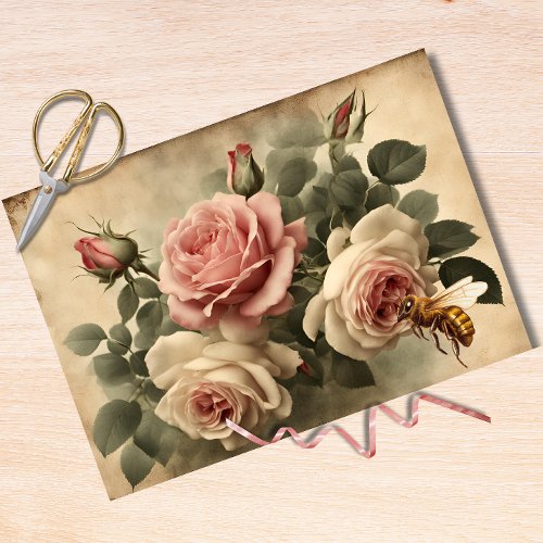 Vintage Bee and Pink Roses Decoupage Tissue Paper