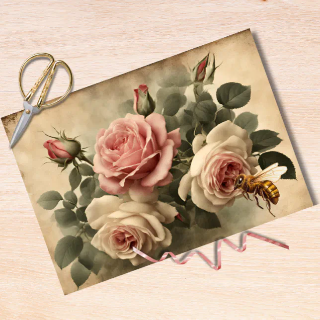 Vintage Bee and Pink Roses Decoupage Tissue Paper | Zazzle
