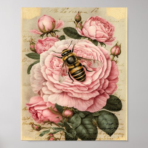 Vintage Bee and Pink Roses Poster