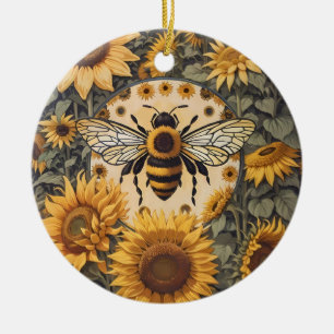 Vintage Bee and Sunflowers  Ceramic Ornament