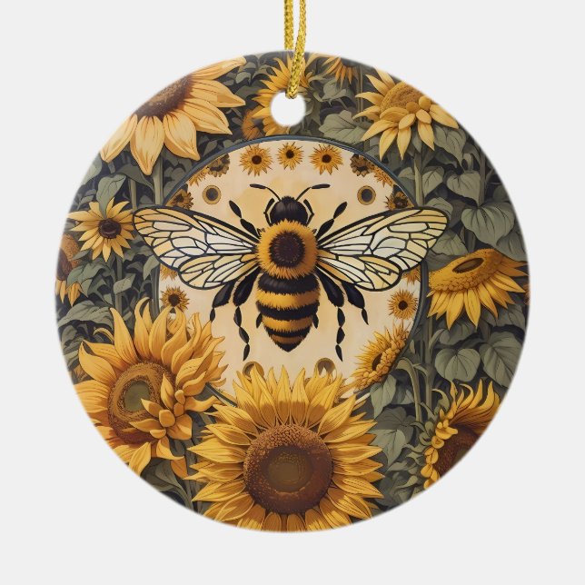 Vintage Bee and Sunflowers  Ceramic Ornament (Front)