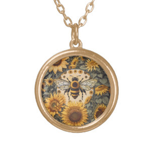 Vintage Bee and Sunflowers  Gold Plated Necklace