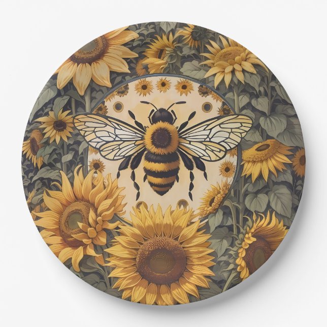 Vintage Bee and Sunflowers  Paper Plates (Front)