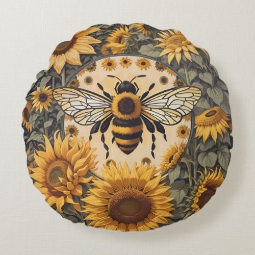 Vintage Bee and Sunflowers  Round Pillow