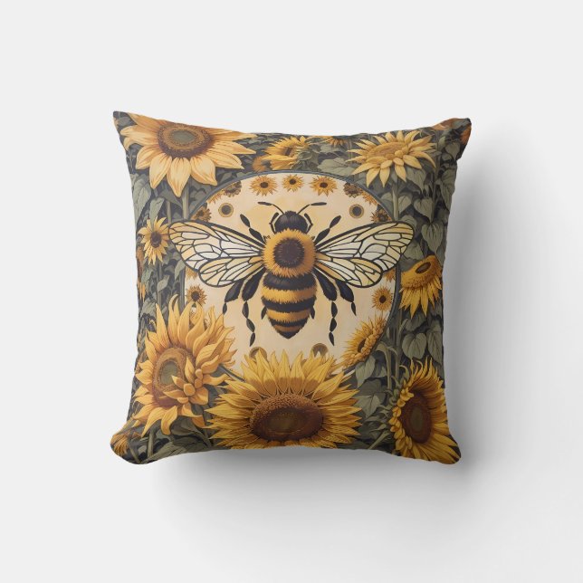 Vintage Bee and Sunflowers  Throw Pillow (Front)