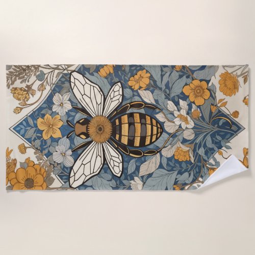 Vintage Bee and Wild Flowers Beach Towel