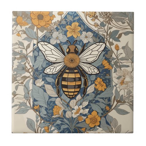 Vintage Bee and Wild Flowers Ceramic Tile