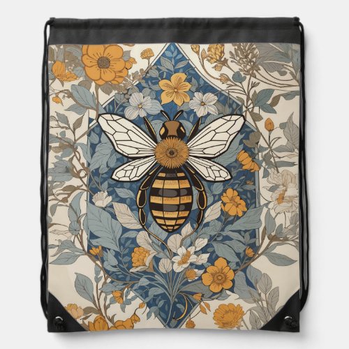 Vintage Bee and Wild Flowers Drawstring Bag