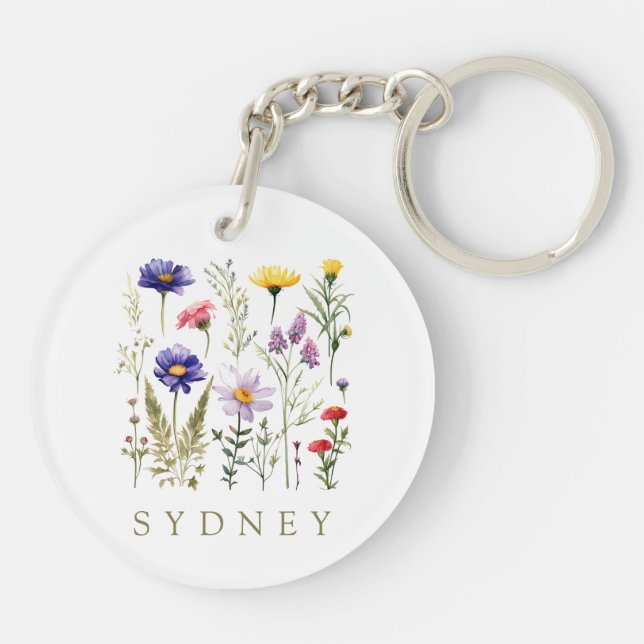 Vintage Bee and Wild Flowers modern  Keychain (Back)