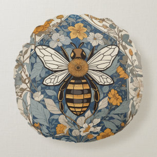 Vintage Bee and Wild Flowers Round Pillow