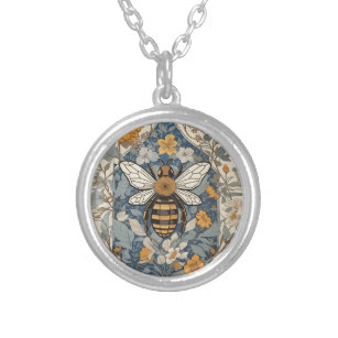 Vintage Bee and Wild Flowers Silver Plated Necklace