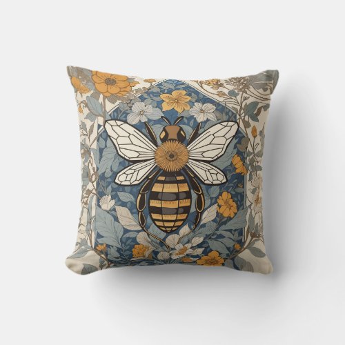 Vintage Bee and Wild Flowers Throw Pillow