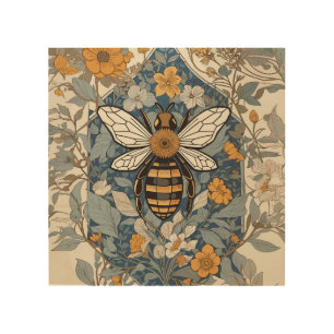 Vintage Bee and Wild Flowers Wood Wall Art