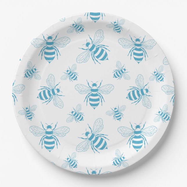 Vintage Bee Botanical Blue (1) Paper Plates (Front)